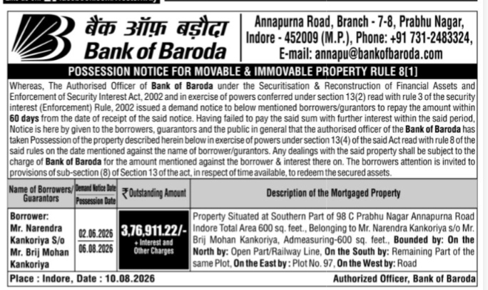 Bank of Baroda Possession Notice for Mr. Narendra Kankoriya
