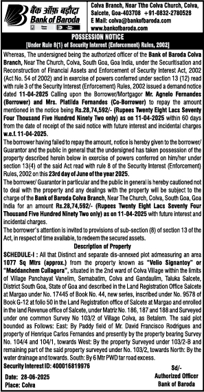 Bank of Baroda Possession Notice for Property in Colva, Goa