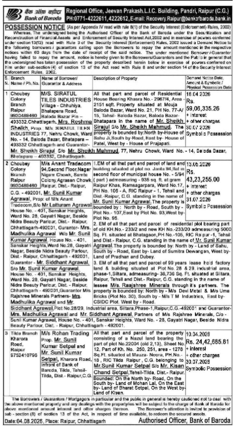 Bank of Baroda Possession Notice