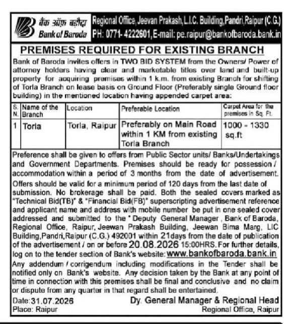 Bank of Baroda Premises Required Advertisement