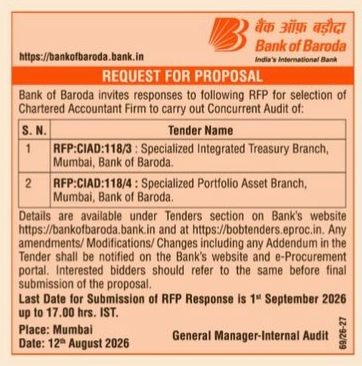 Bank of Baroda RFP Notice for Selection of Chartered Accountant Firms for Concurrent Audit (August 2026)
