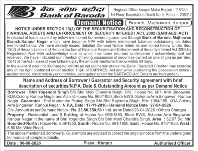 Bank of Baroda SARFAESI Act Demand Notice