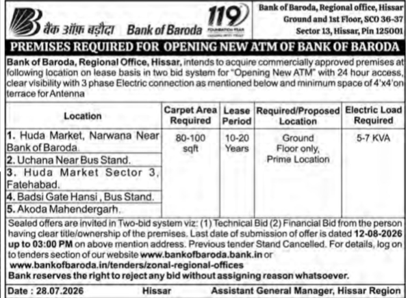 Bank of Baroda Tender for New ATM Premises