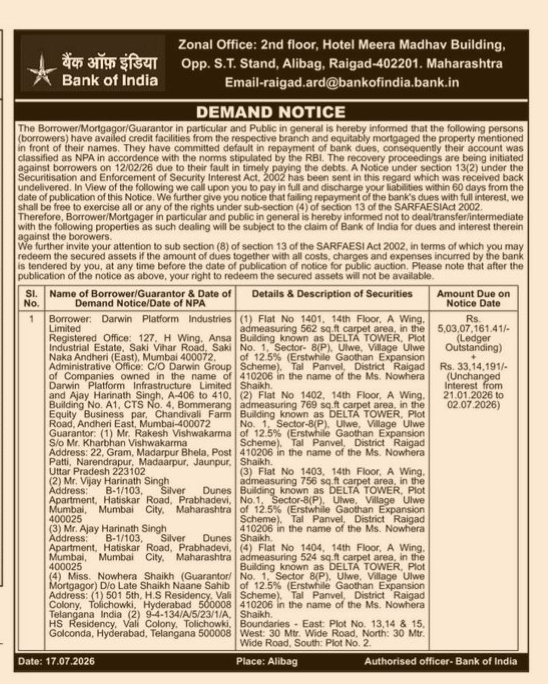Bank of India Demand Notice Against Darwin Platform Industries Limited