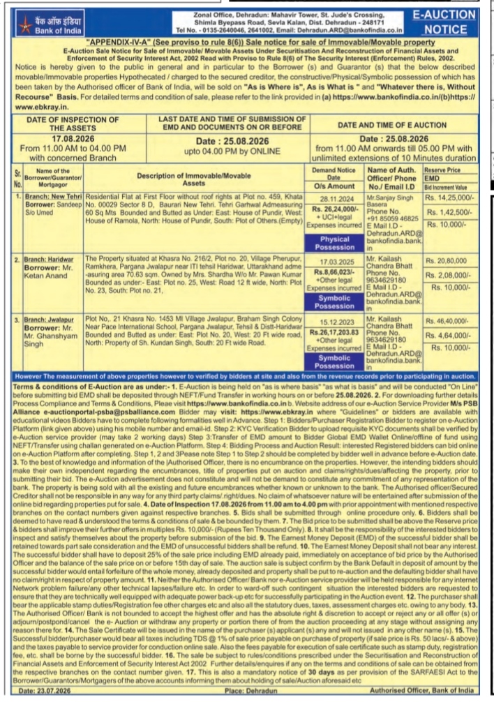 Bank of India E-Auction Notice for Immovable Properties