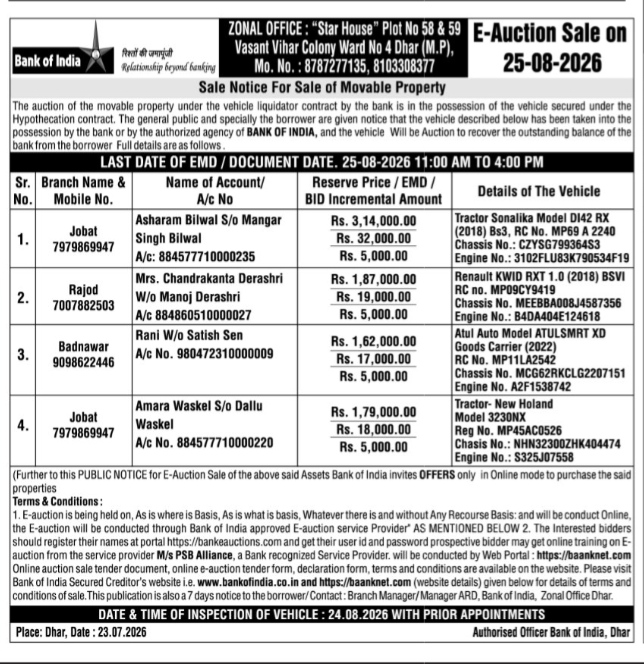 Bank of India E-Auction Sale Notice for Movable Property (Vehicles)