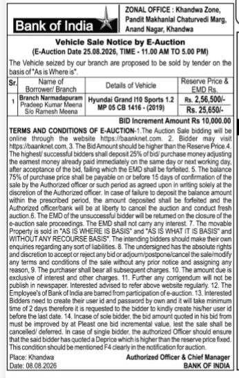 Bank of India E-Auction Vehicle Sale Notice (Hyundai Grand i10)