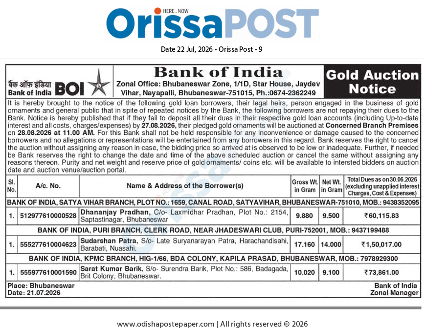 Bank of India Gold Auction Notice in Orissa Post