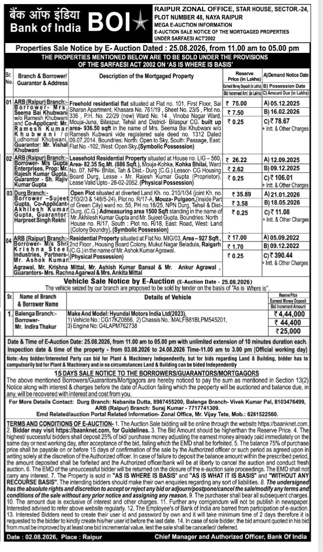 Bank of India Mega E-Auction Notice (August 2026)