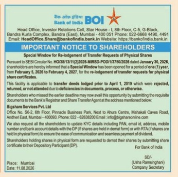 Bank of India Notice for Re-lodgement of Physical Shares