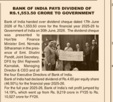 BANK OF INDIA PAYS DIVIDEND OF RS.1,553.50 CRORE TO GOVERNMENT