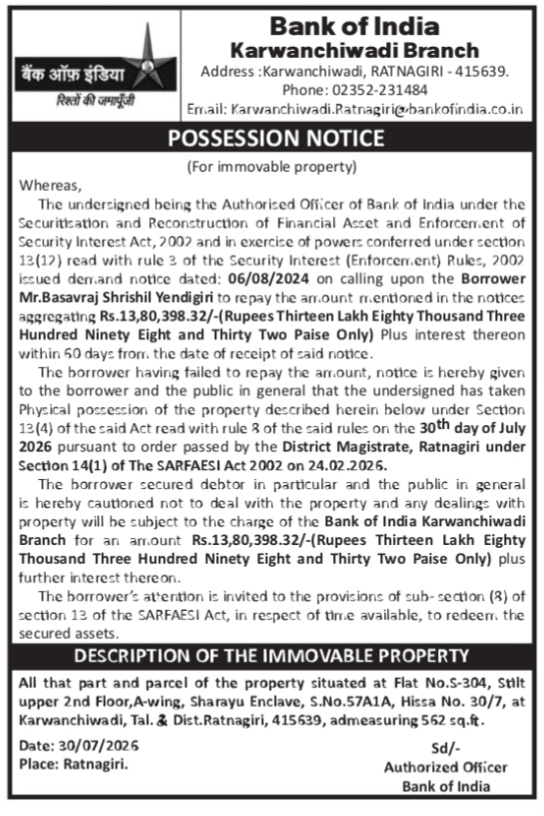 Bank of India Possession Notice for Immovable Property (Ratnagiri)