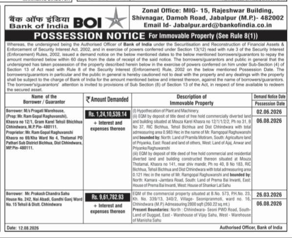 Bank of India Property Possession Notice (August 2026)