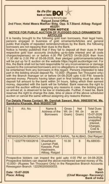 Bank of India Raigad Zonal Office E-Auction Notice for Pledged Gold Ornaments