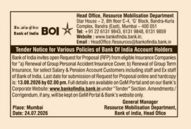 Bank of India Tender Notice for Insurance Policy Renewals (July 2026)