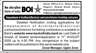 Bank of India Ujjain Zone Empanelment Notification 2026