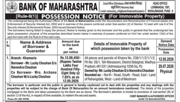 Bank of Maharashtra Possession Notice for Immovable Property (Mr. Lucky Chouhan)