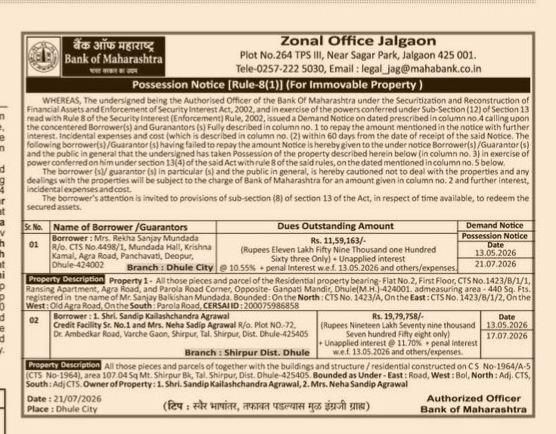 Bank of Maharashtra Possession Notice for Immovable Property (Zonal Office Jalgaon)