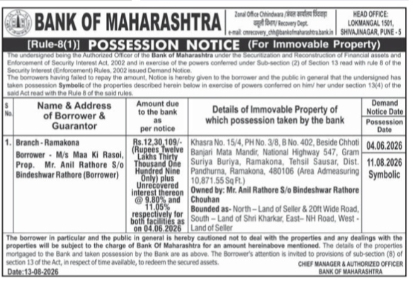Bank of Maharashtra Possession Notice for Immovable Property