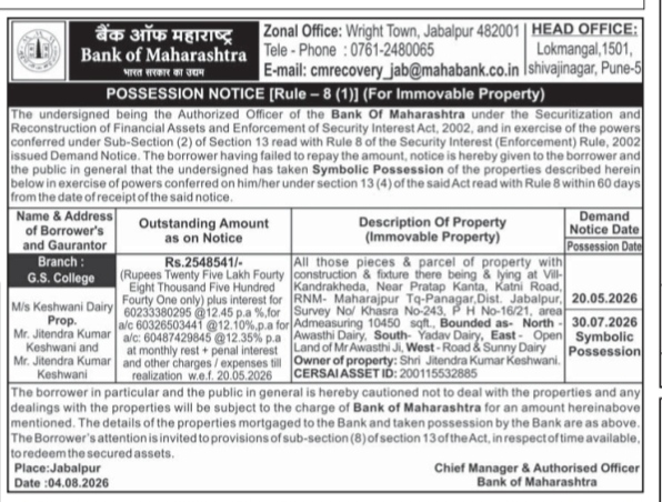 Bank of Maharashtra Possession Notice for M/s Keshwani Dairy