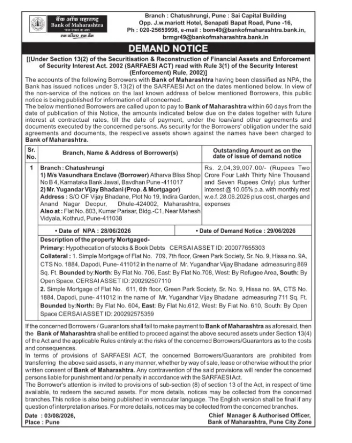 Bank of Maharashtra SARFAESI Demand Notice