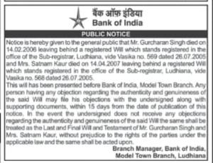 Bank Public Notice regarding Wills of Deceased Account Holders