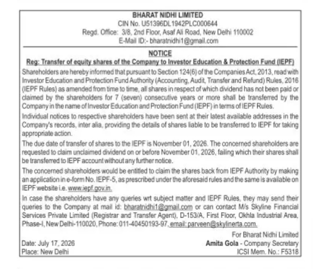 Bharat Nidhi Limited Notice: Transfer of Shares to IEPF (July 2026)