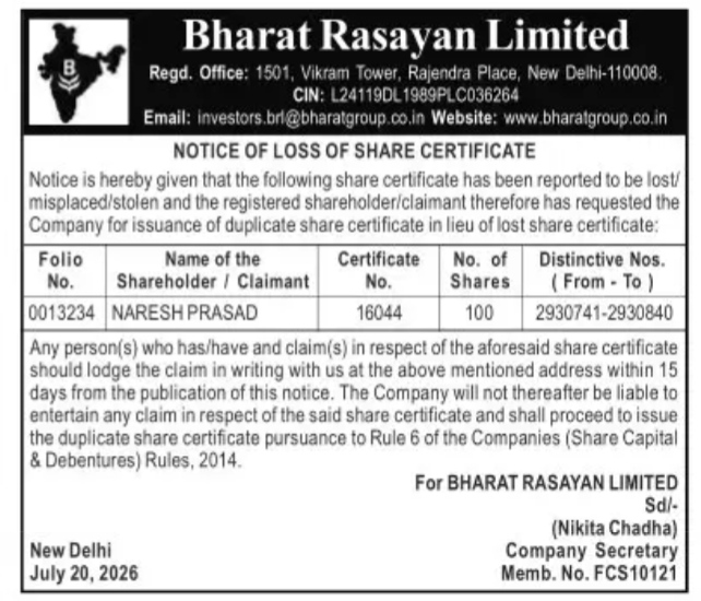Bharat Rasayan Limited – Public Notice of Loss of Share Certificate