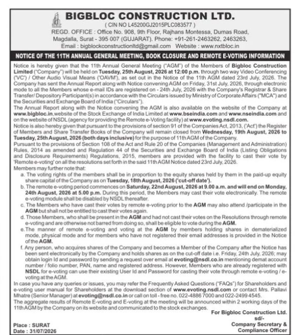 Bigbloc Construction Ltd. 11th AGM Notice