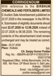 Birbhum Chemicals and Fertilisers Limited - Corrigendum to E-Auction Sale Advertisement