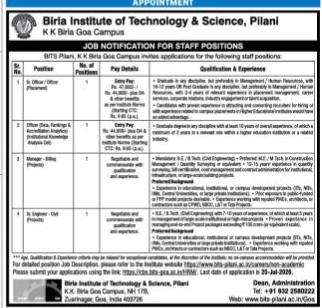 BITS Pilani Goa Campus Staff Recruitment Notification
