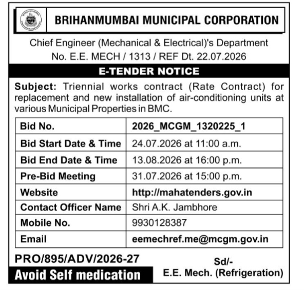 BMC E-Tender Notice: Triennial Air-Conditioning Works Contract (Bid No. 2026_MCGM_1320225_1)