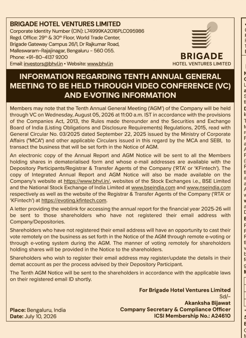 BRIGADE HOTEL VENTURES OF 10TH ANNUAL GENERAL MEETING