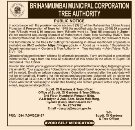 Brihanmumbai Municipal Corporation (BMC) Tree Authority Public Notice (2026)