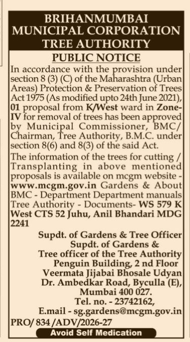 Brihanmumbai Municipal Corporation (BMC) Tree Removal Public Notice