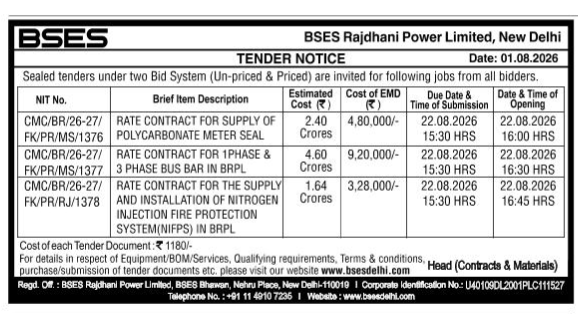 BSES Rajdhani Power Limited Tender Notice (August 2026)