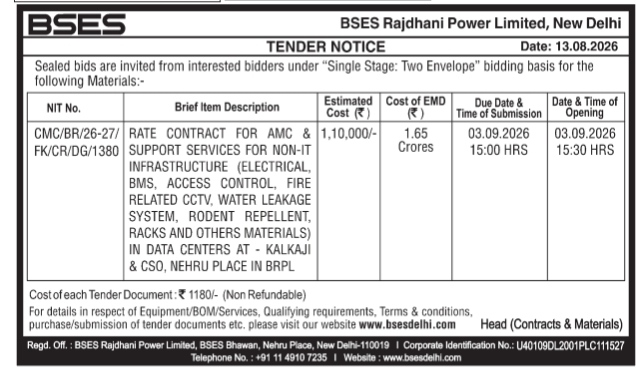 BSES Rajdhani Power Limited Tender Notice (August 2026)