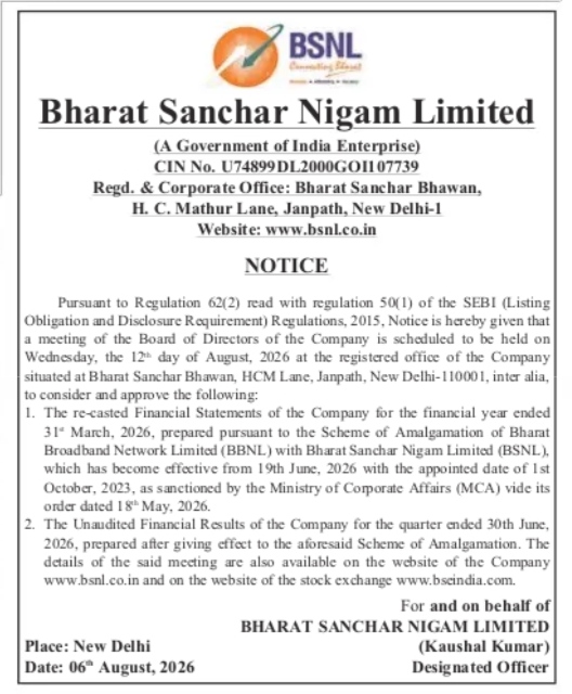 BSNL Board Meeting Notice: Approval of Financial Statements & Results