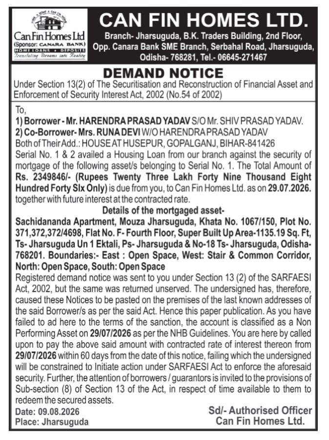 Can Fin Homes Ltd. Demand Notice Against Harendra Prasad Yadav and Runa Devi