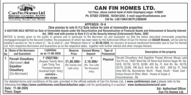 Can Fin Homes Ltd. E-Auction Sale Notice (August 2026)