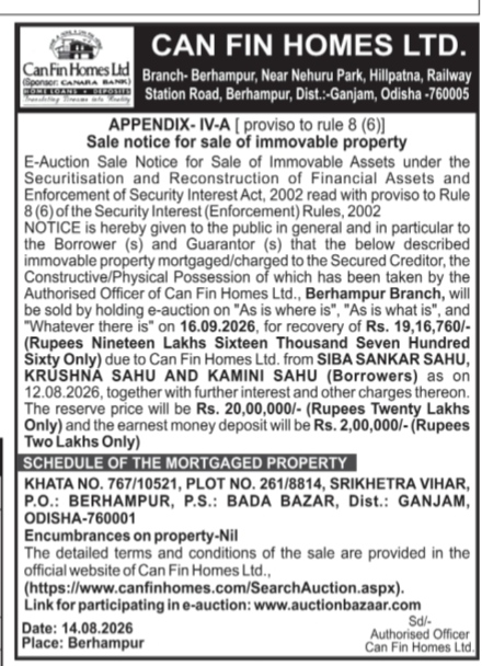 Can Fin Homes Ltd. E-Auction Sale Notice