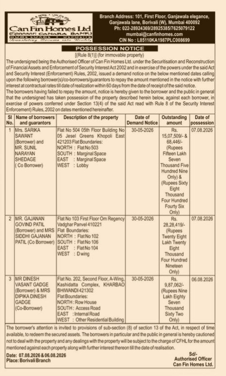 Can Fin Homes Ltd Possession Notice (August 2026)