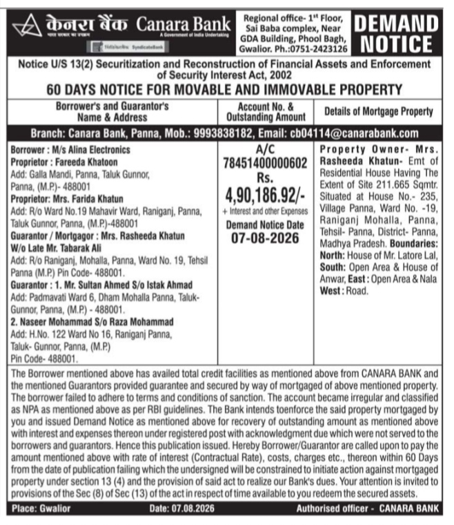 Canara Bank Demand Notice (60 Days Notice for Movable and Immovable Property)