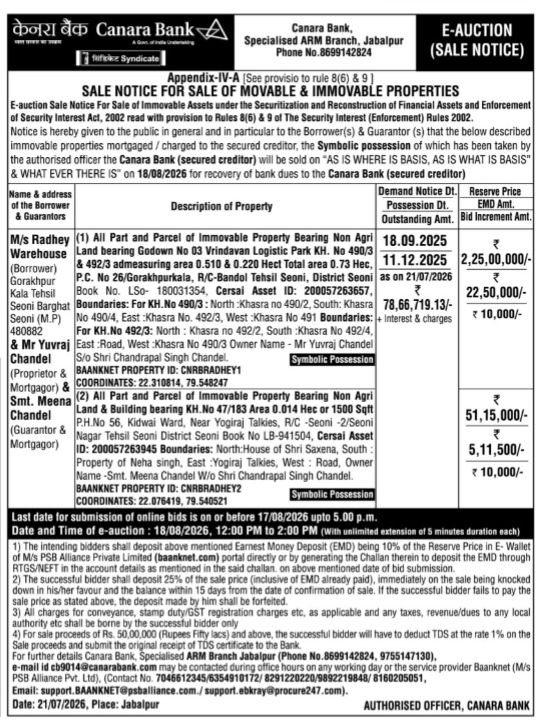 Canara Bank E-Auction Sale Notice (August 18, 2026)