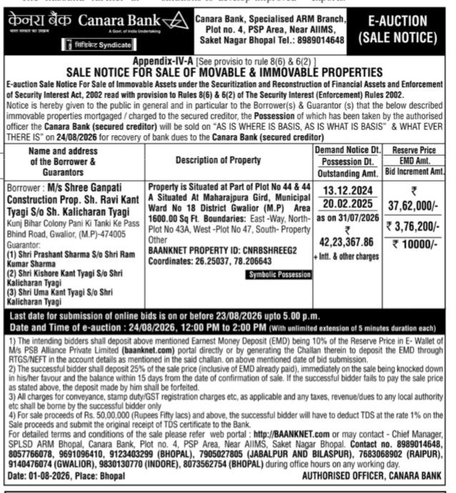 Canara Bank E-Auction Sale Notice (August 2026)
