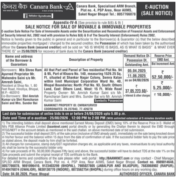 Canara Bank E-Auction Sale Notice (August 2026)
