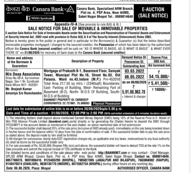 Canara Bank E-Auction Sale Notice (Bhopal)