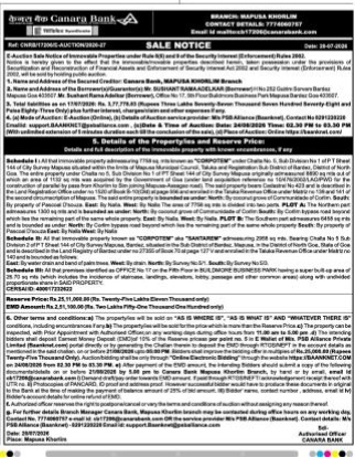 Canara Bank E-Auction Sale Notice for Immovable Properties (Mapusa Khorlim Branch)