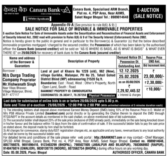 Canara Bank E-Auction Sale Notice for Immovable Property (M/s Durga Trading Company)