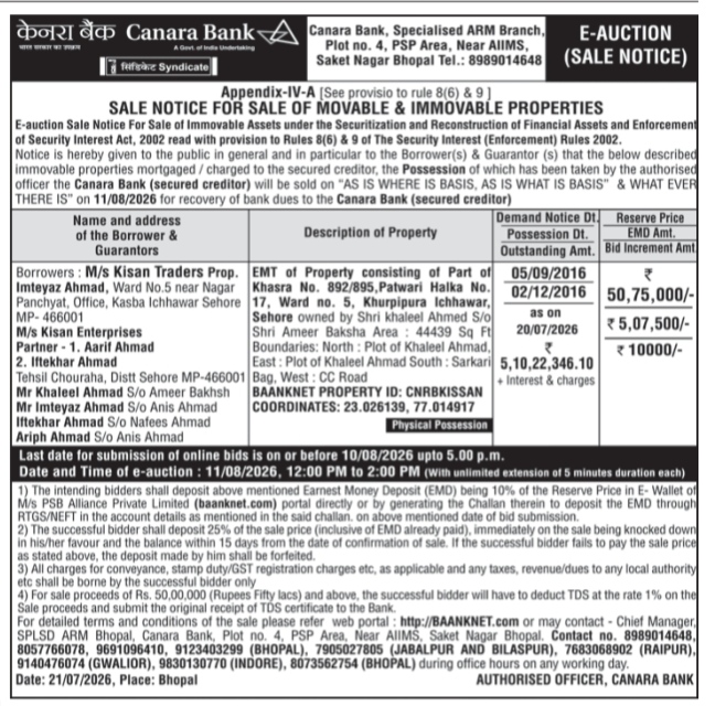 Canara Bank E-Auction Sale Notice for Kisan Traders Properties